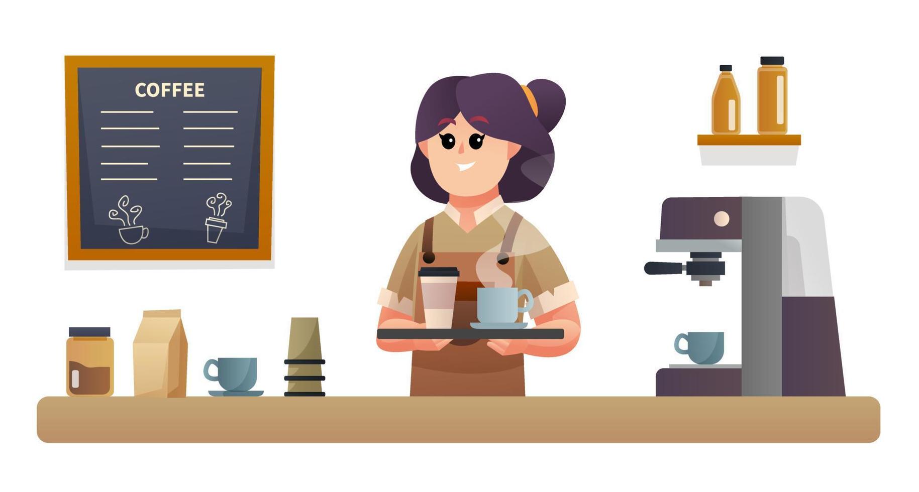 linda barista femenina que lleva café con bandeja en la ilustración del mostrador de la cafetería vector