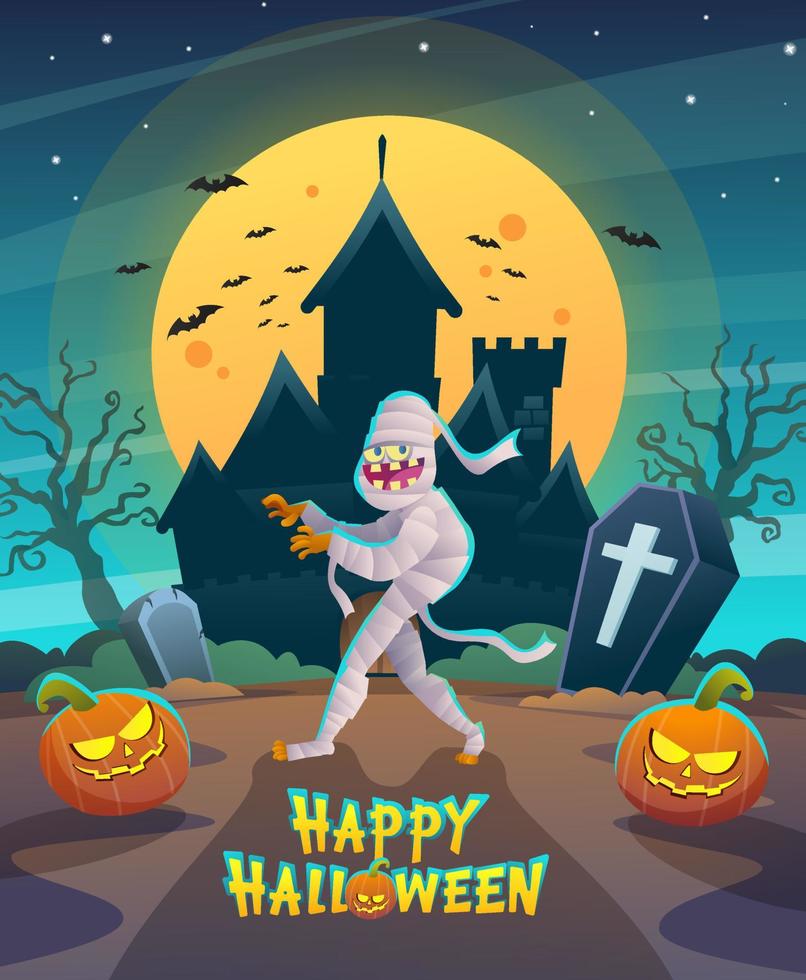 feliz personaje de momia de halloween con castillo de noche oscura e ilustración del concepto de luna vector