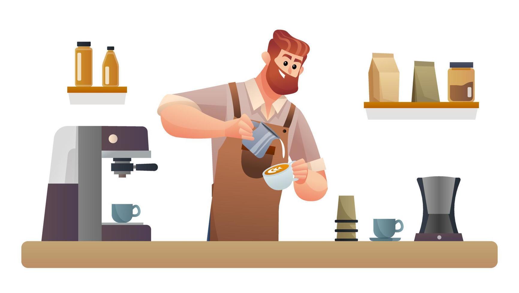 barista haciendo café en la ilustración del mostrador de la cafetería vector