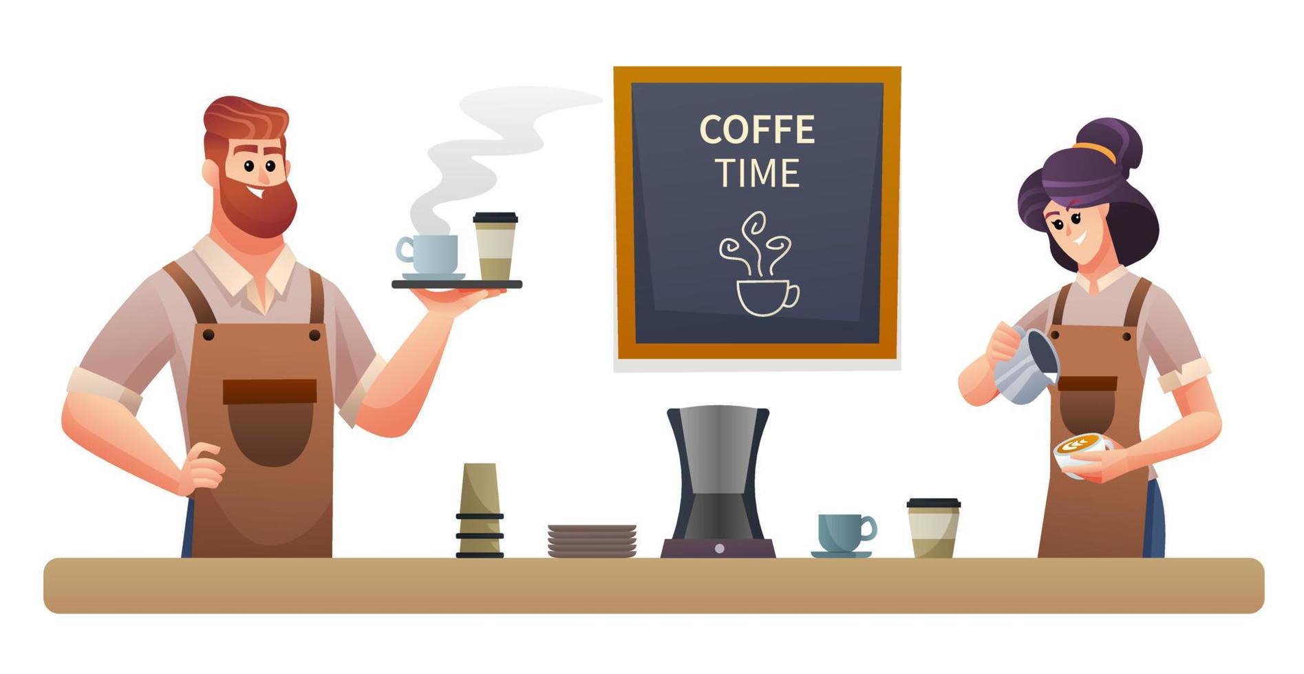 Male barista carrying coffee and the female barista making coffee illustration vector