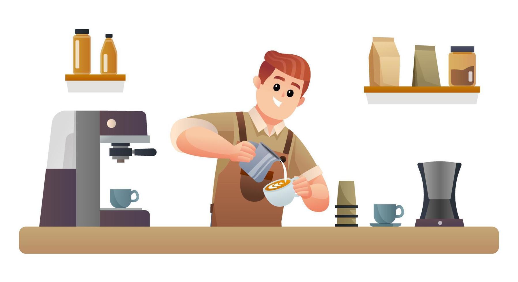 Cute barista making coffee at coffee shop counter illustration vector