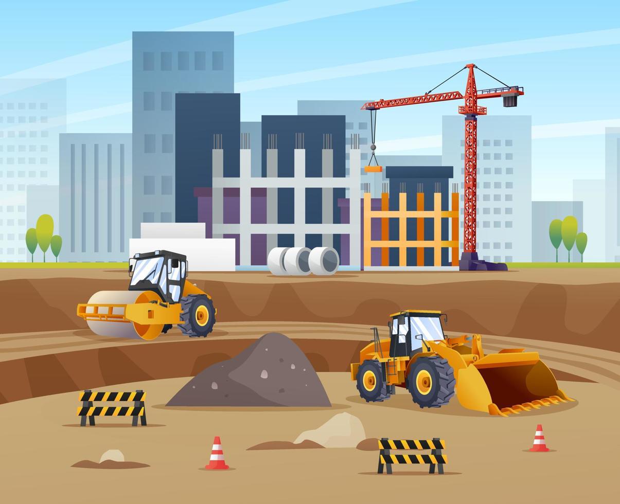 Construction site concept with compactor, wheel loader and material equipment vector illustration
