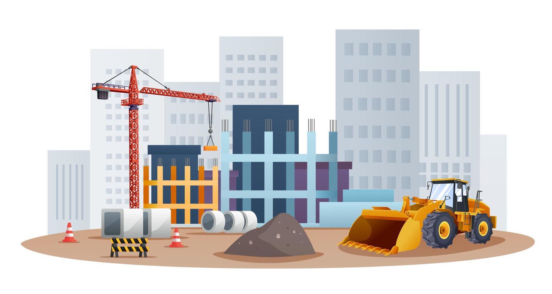 Construction site concept with wheel loader and material equipment illustration vector