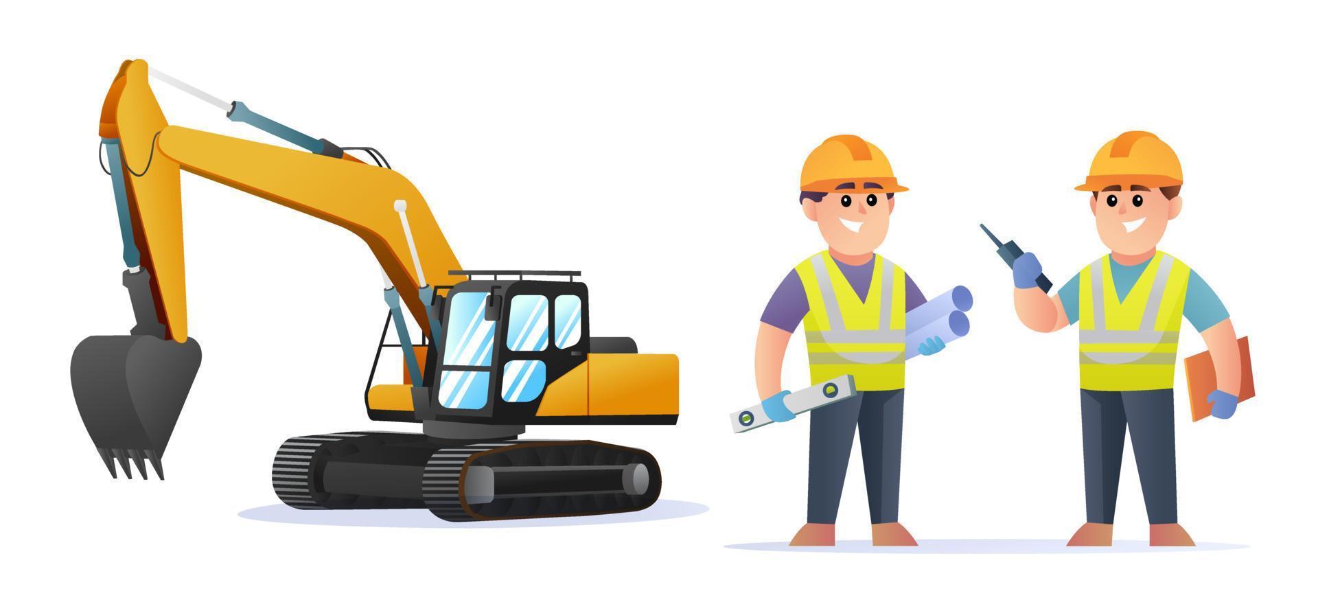 Cute construction engineer characters with excavator illustration vector
