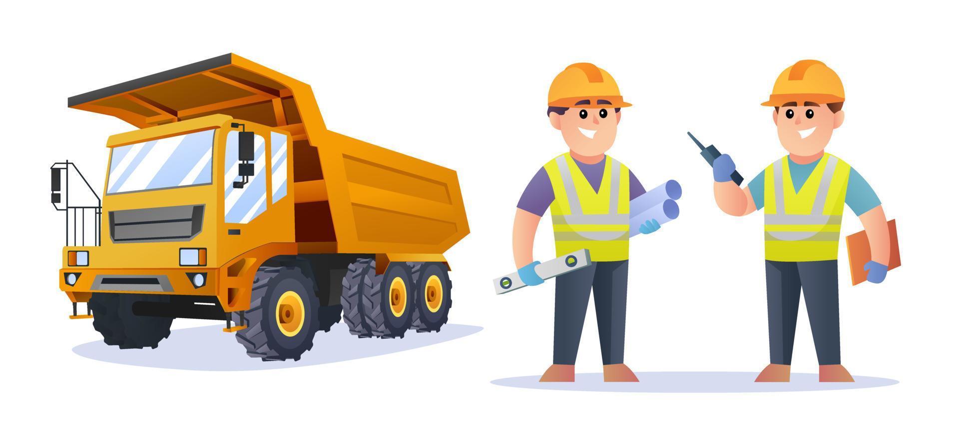 Cute construction engineer characters with truck illustration vector