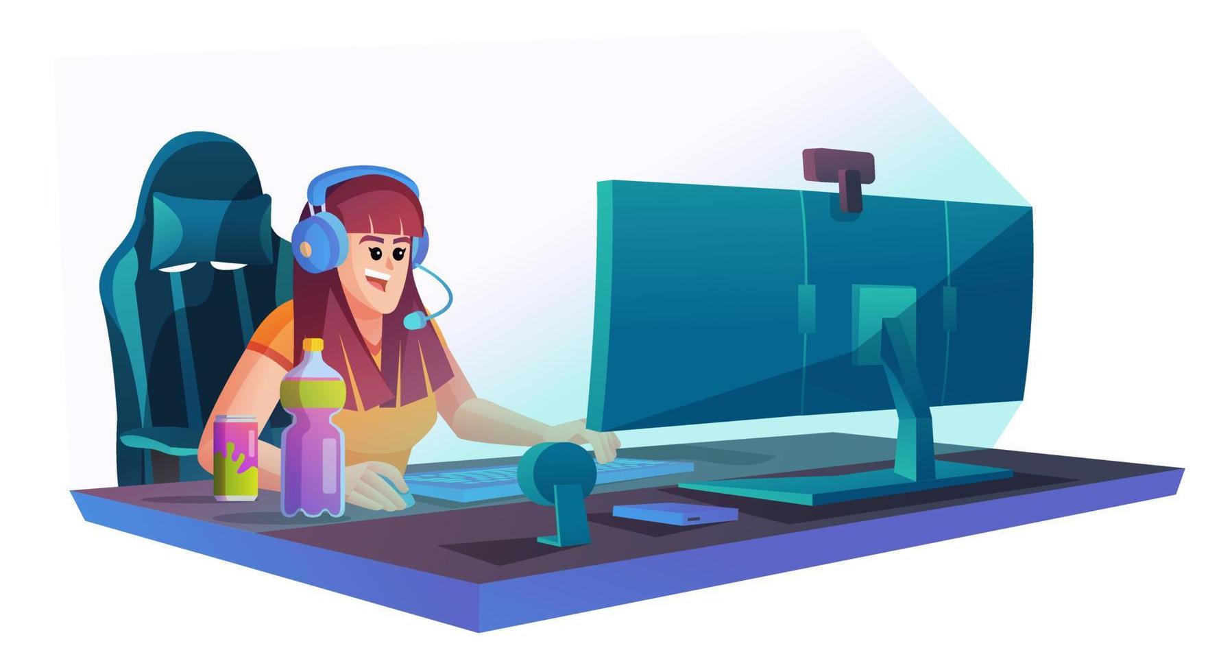 A woman playing computer games. Young woman using computer for playing games.  Cheerful woman in headphones playing online games. Vector flat design  illustration. Square layout. Royalty-Free Stock Image - Storyblocks