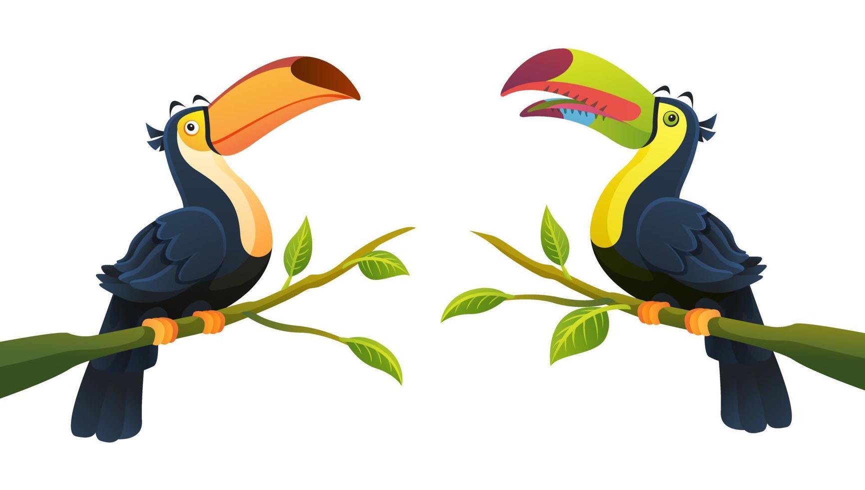 Collection of toucan bird perched on branch cartoon illustration vector