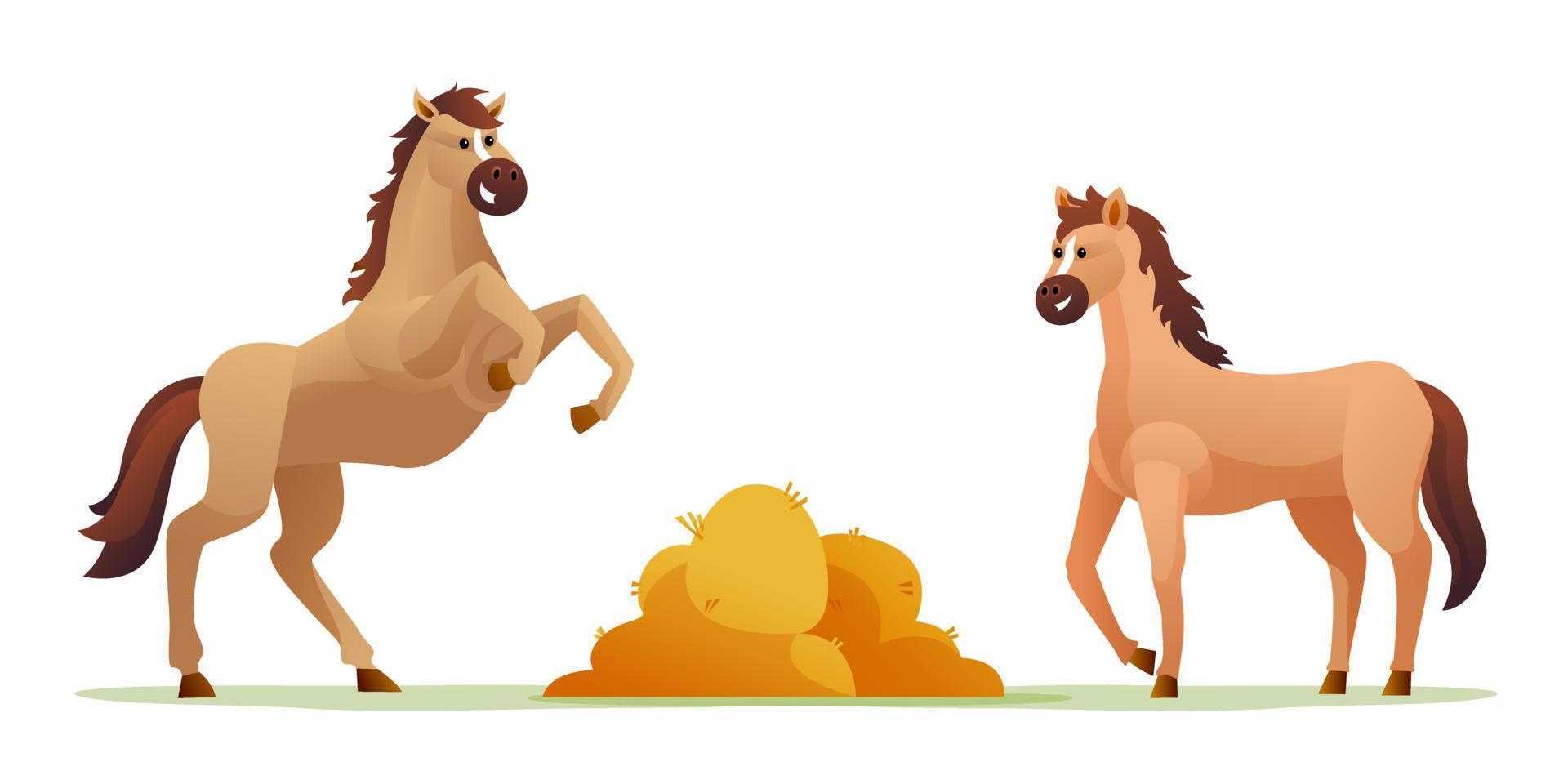 lindos caballos con ilustración de conjunto de dibujos animados de heno vector
