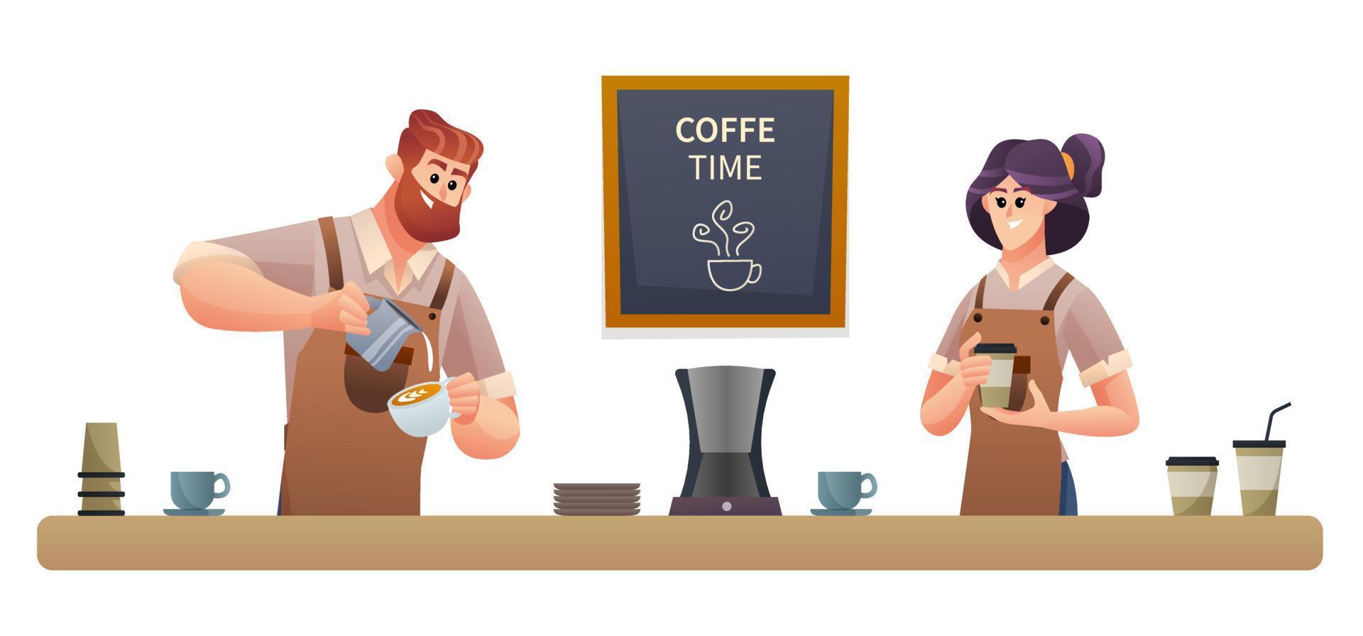 Male barista making coffee and the female barista carrying coffee illustration vector