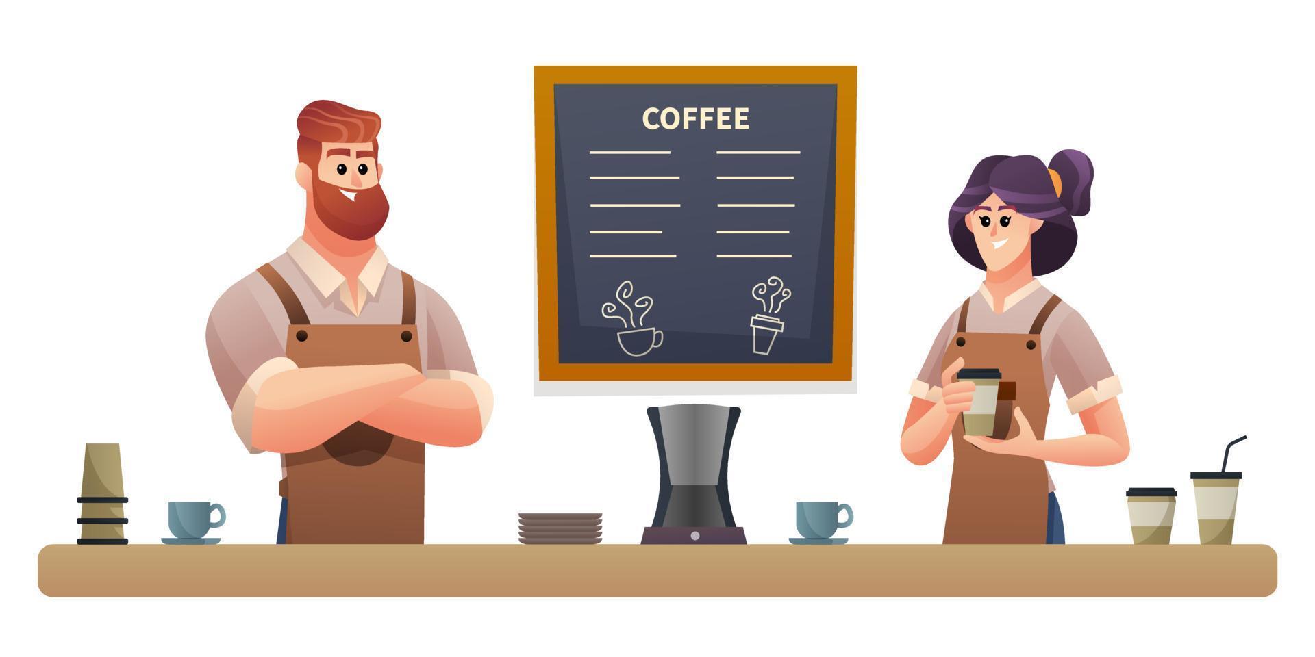 hombre y mujer baristas trabajando en la ilustración de la cafetería vector