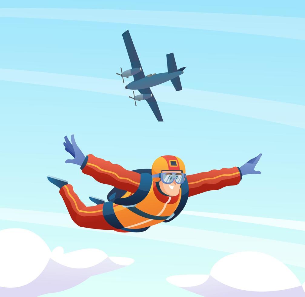 paracaidista salta del avión y salta en paracaídas en la ilustración del cielo vector