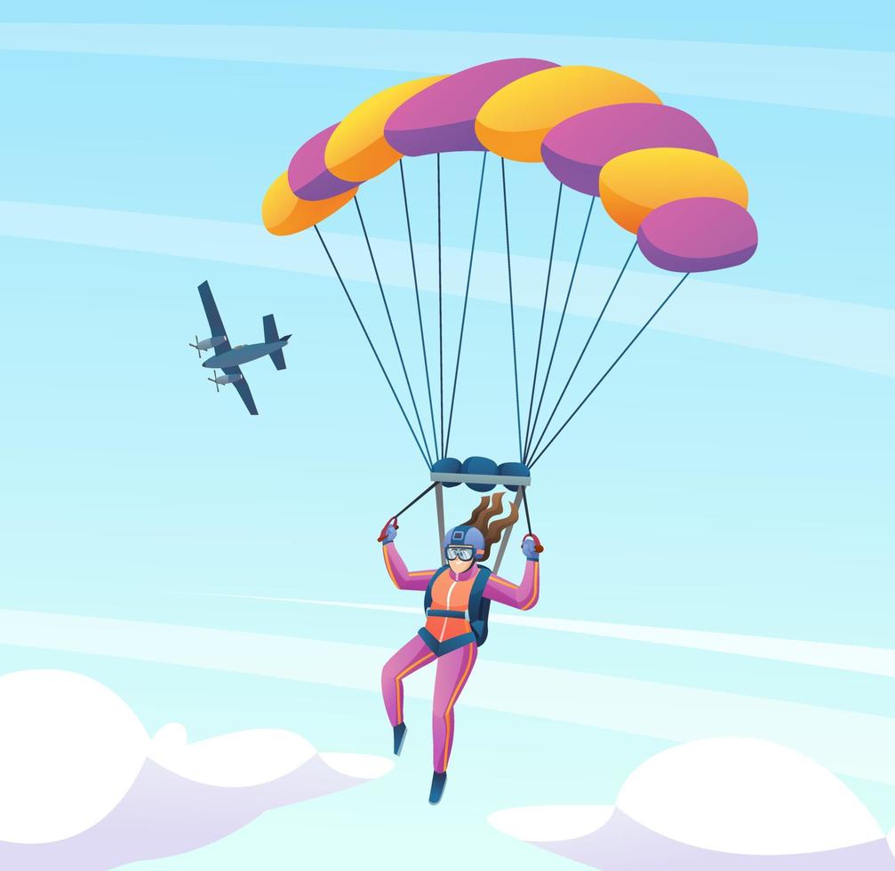 Female parachute skydiver with plane in the sky cartoon illustration vector