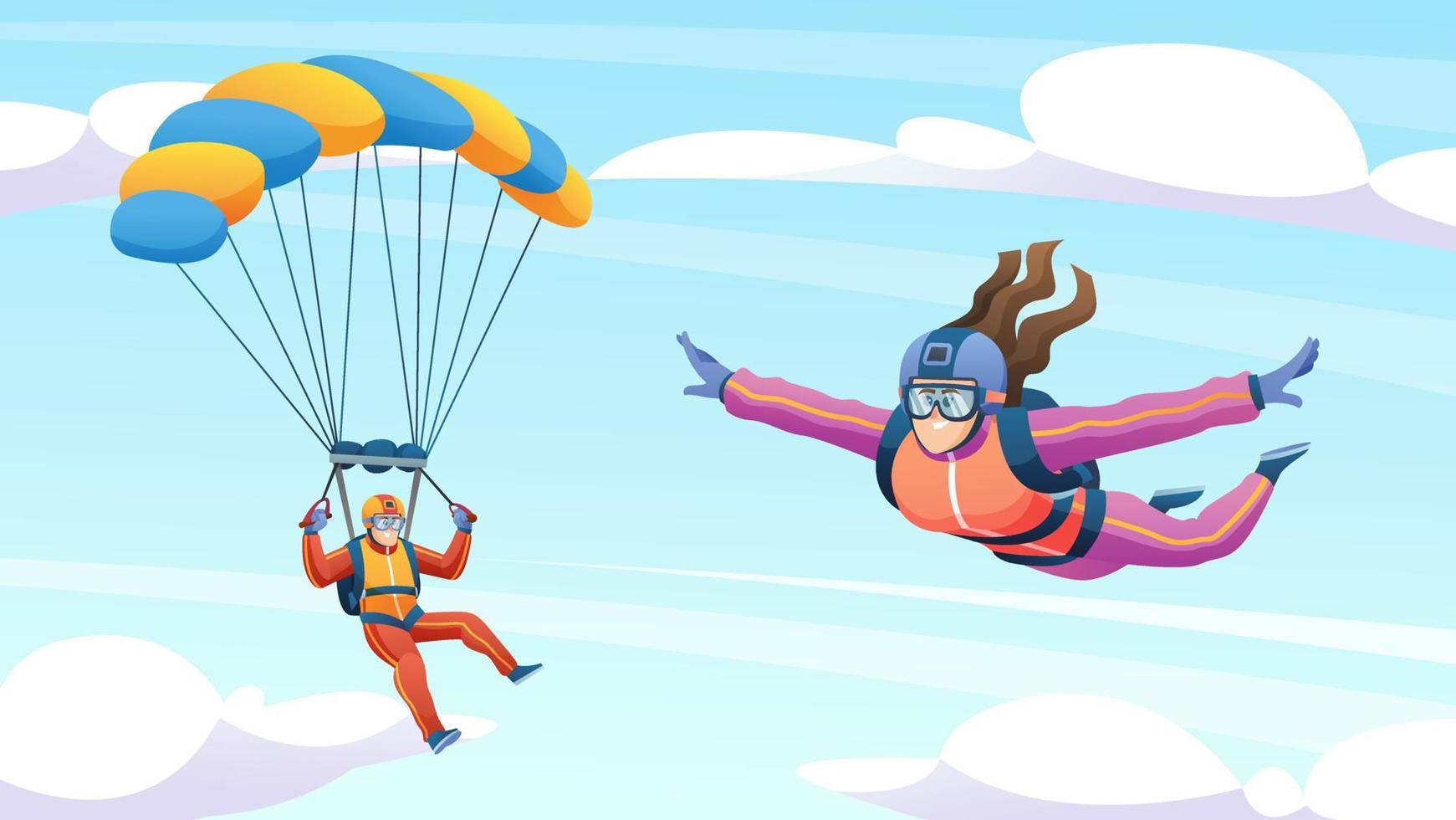 People skydiving and parachuting in the sky cartoon illustration vector