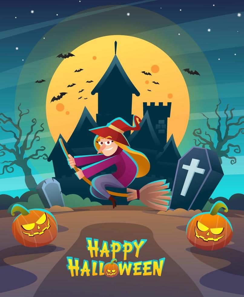 Happy halloween witch character flying on broomstick with dark night castle and moon concept illustration vector
