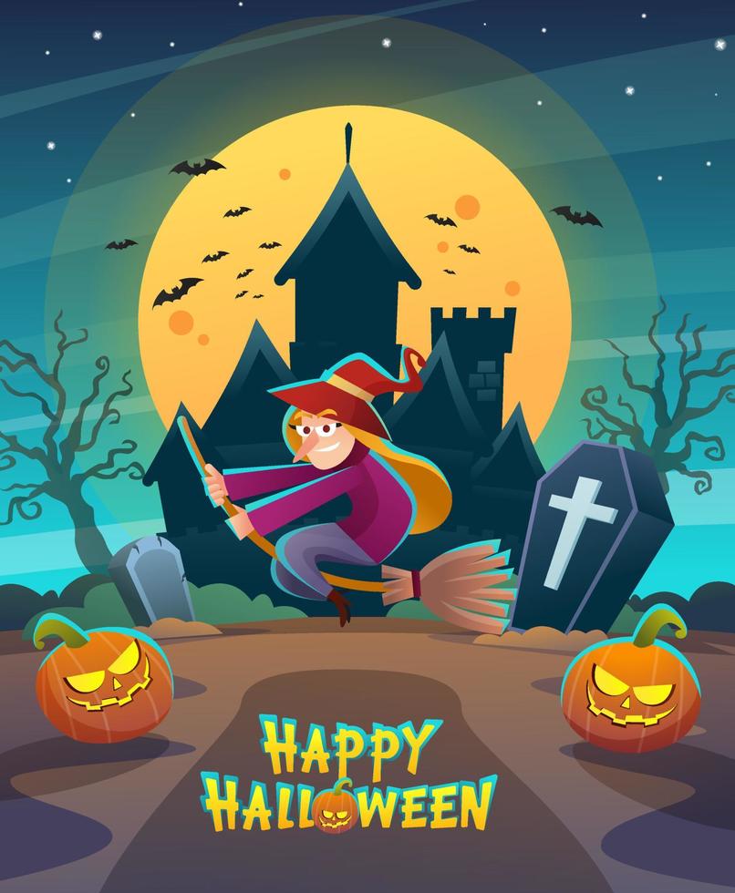 feliz personaje de bruja de halloween volando en escoba con castillo de noche oscura e ilustración del concepto de luna vector