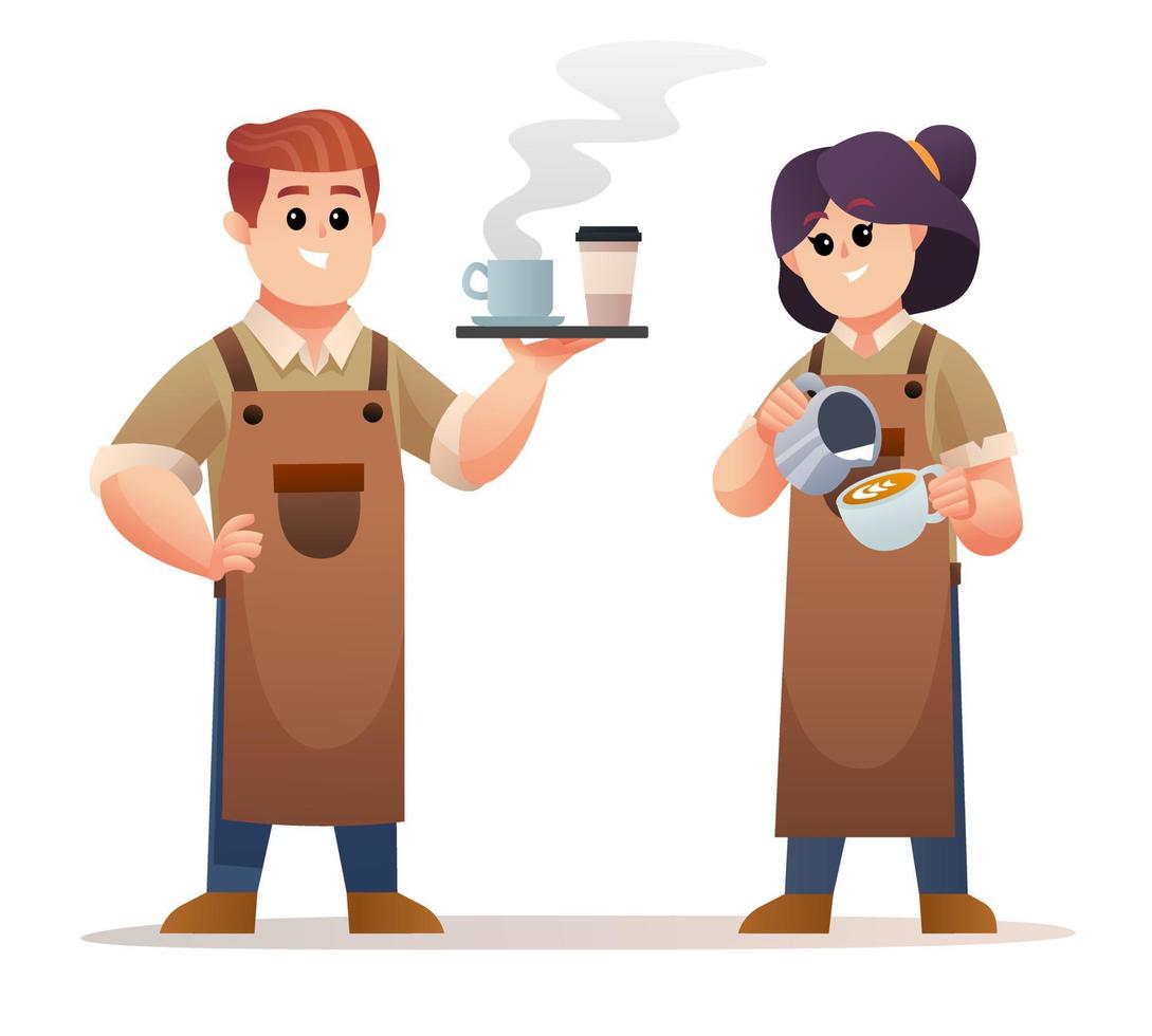 lindo barista masculino que lleva café y la barista femenina que hace el juego de caracteres de café vector