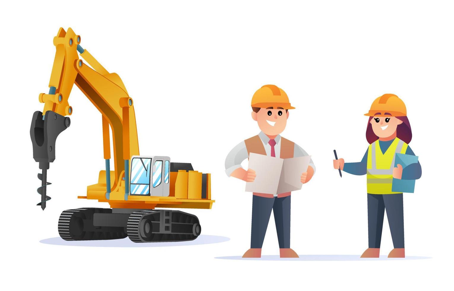 Cute construction foreman and female engineer characters with drill excavator illustration vector