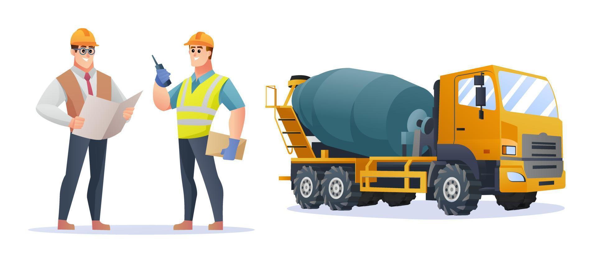 Construction foreman and engineer character with concrete mixer truck illustration vector