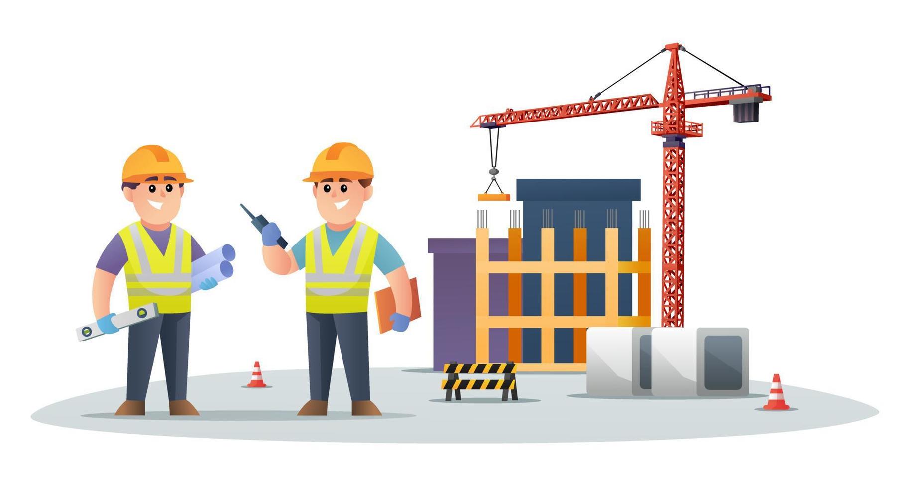 Cute construction engineer characters on construction site with tower crane illustration vector