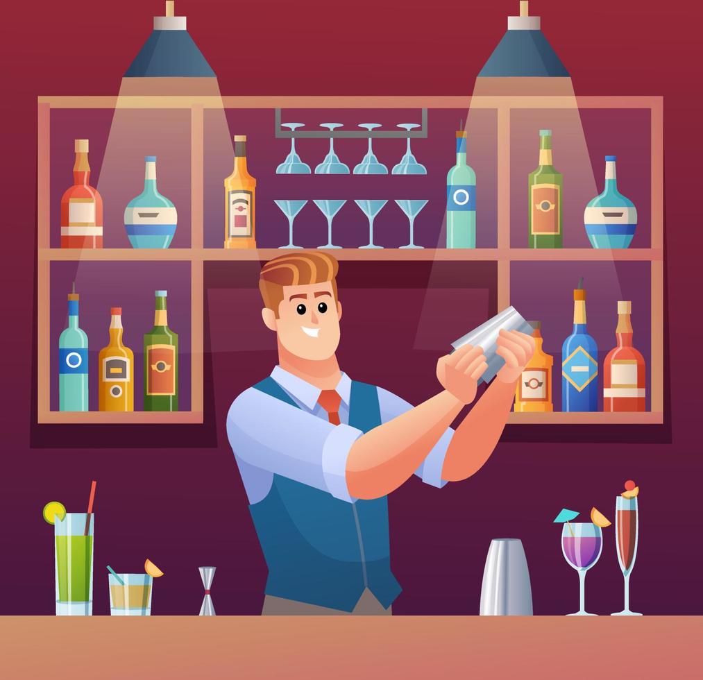 Camarero mezclando bebidas en la ilustración del concepto de barra de bar vector