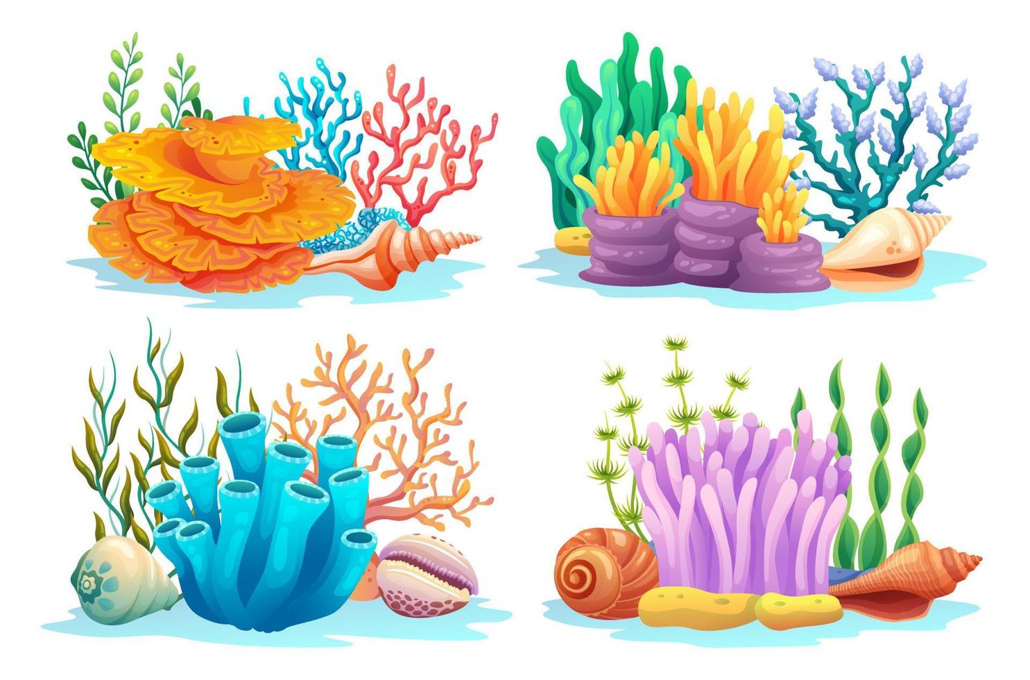 conjunto de arrecifes de coral, algas, algas y conchas marinas en varios tipos de ilustración de dibujos animados vector