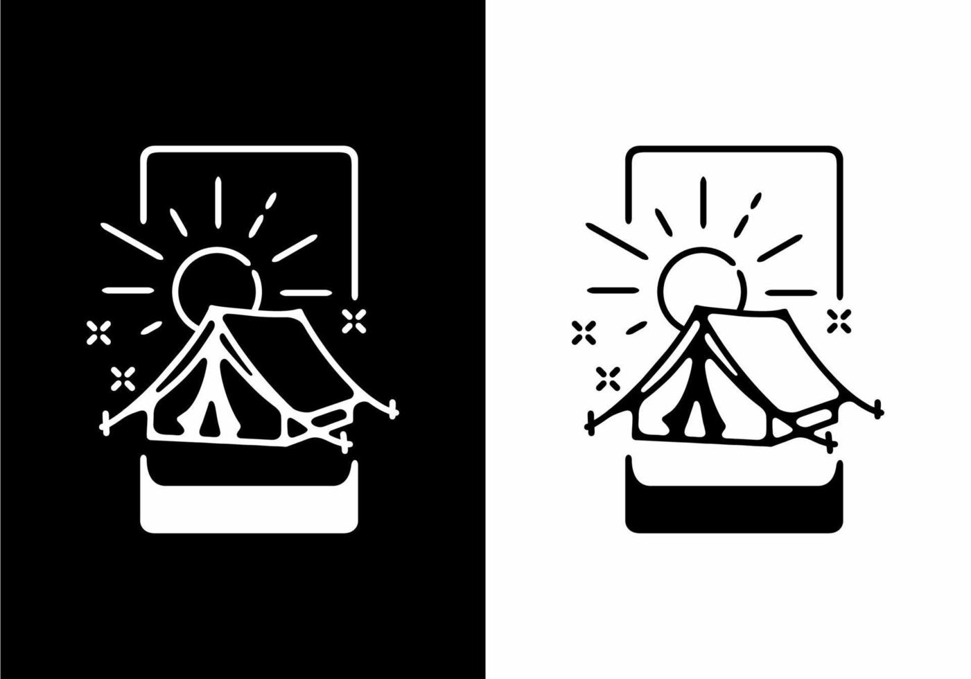 Black and white camping tent and sun vector