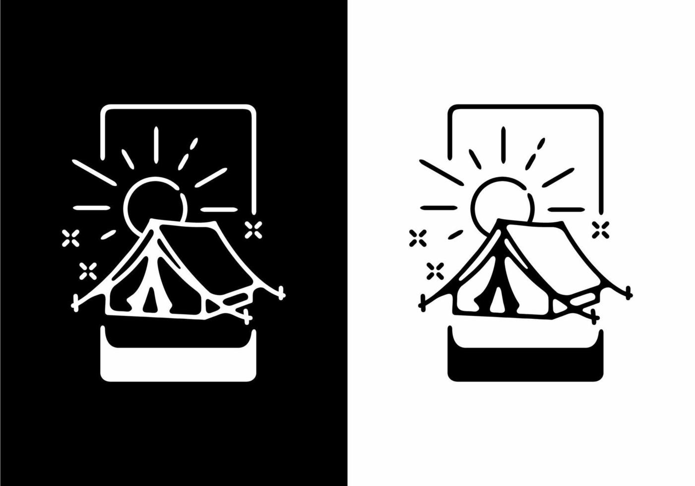 Black and white camping tent and sun vector