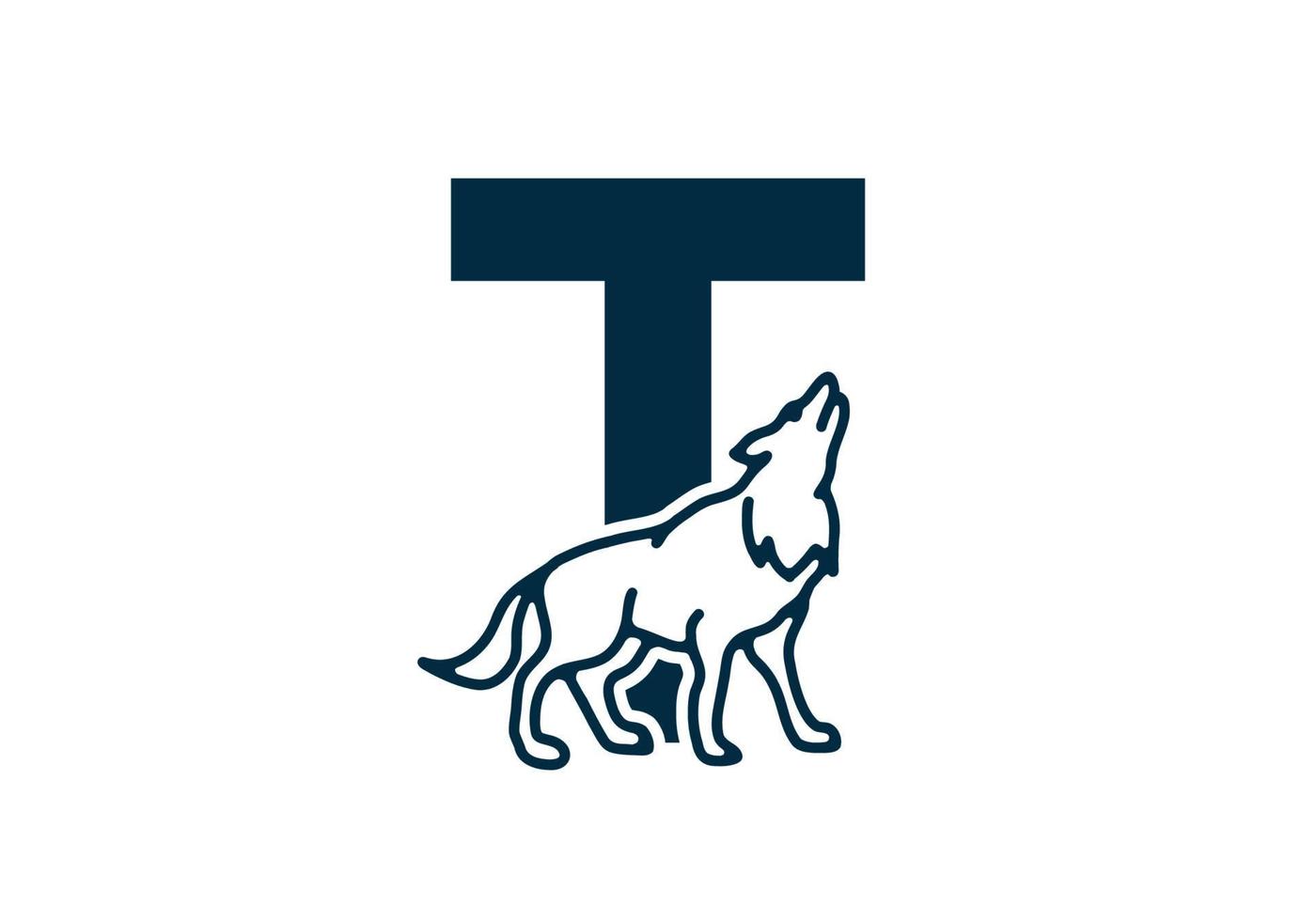 Dark blue color of T initial letter with wolf vector