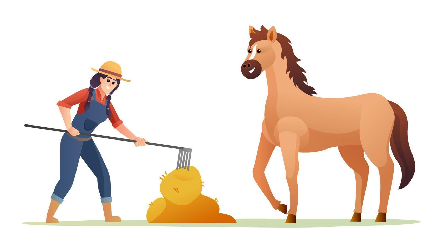 Female farmer feeding horse with hay illustration vector