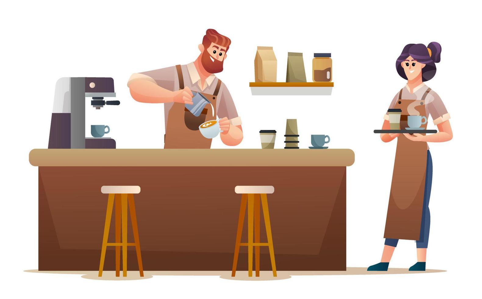 barista masculino haciendo café y la barista femenina llevando café en la ilustración de la cafetería vector
