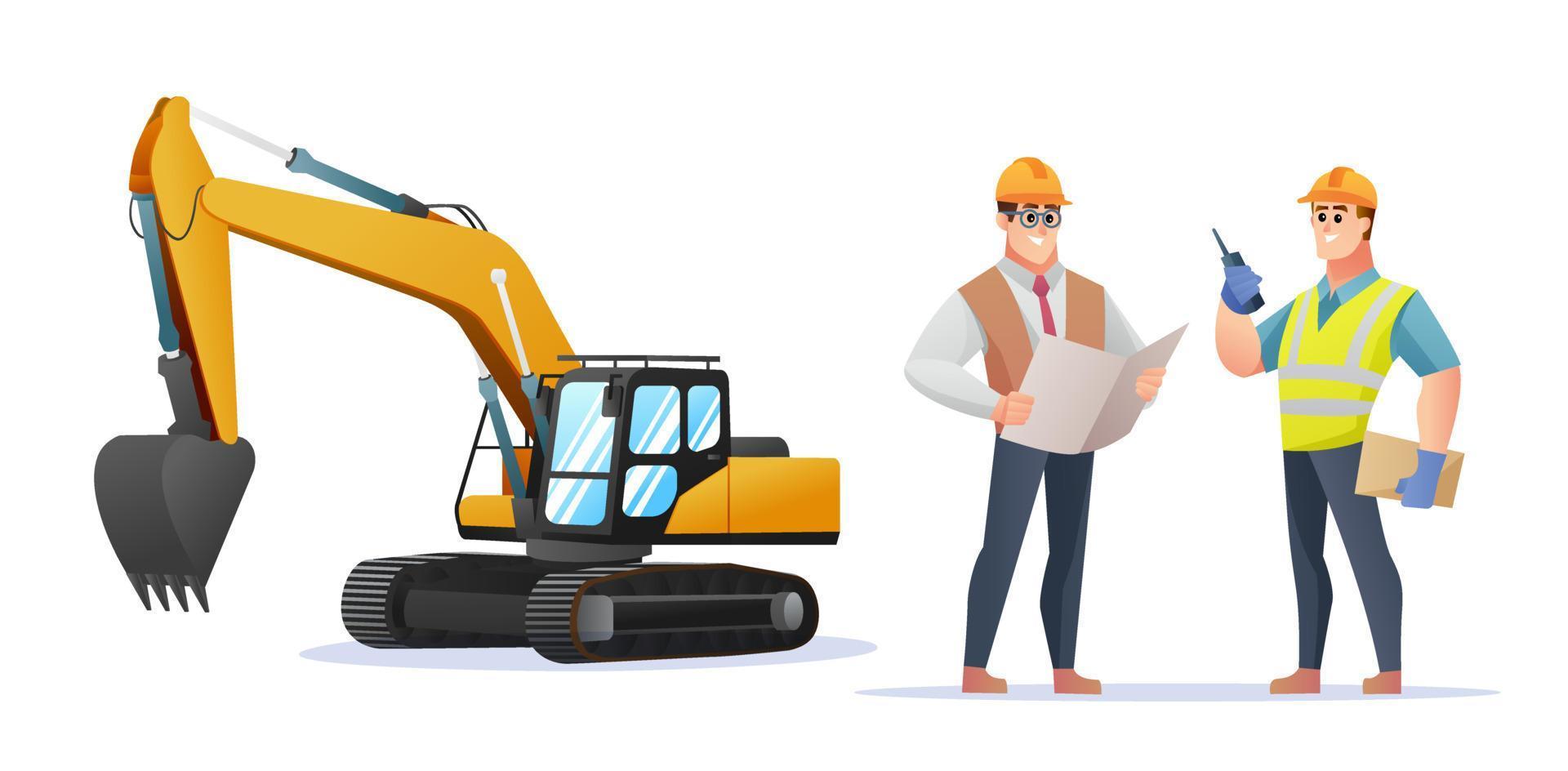 Construction foreman and engineer character with excavator illustration vector
