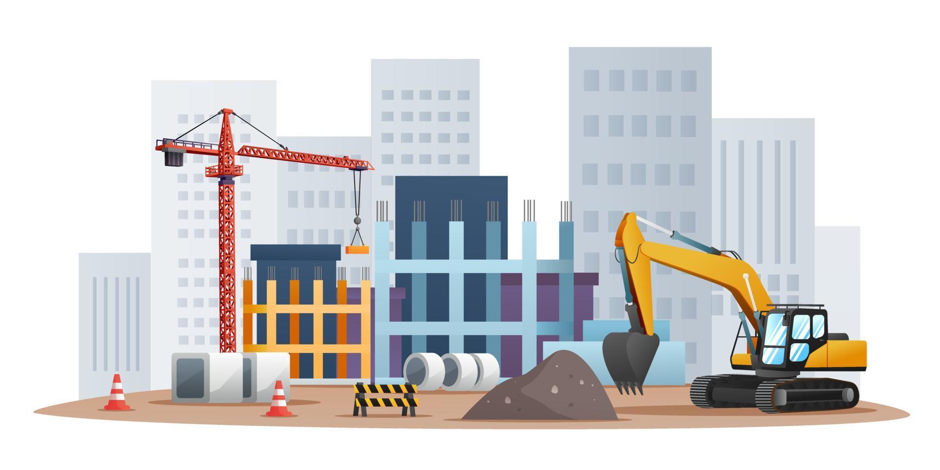 Construction site concept with excavator and material equipment illustration vector