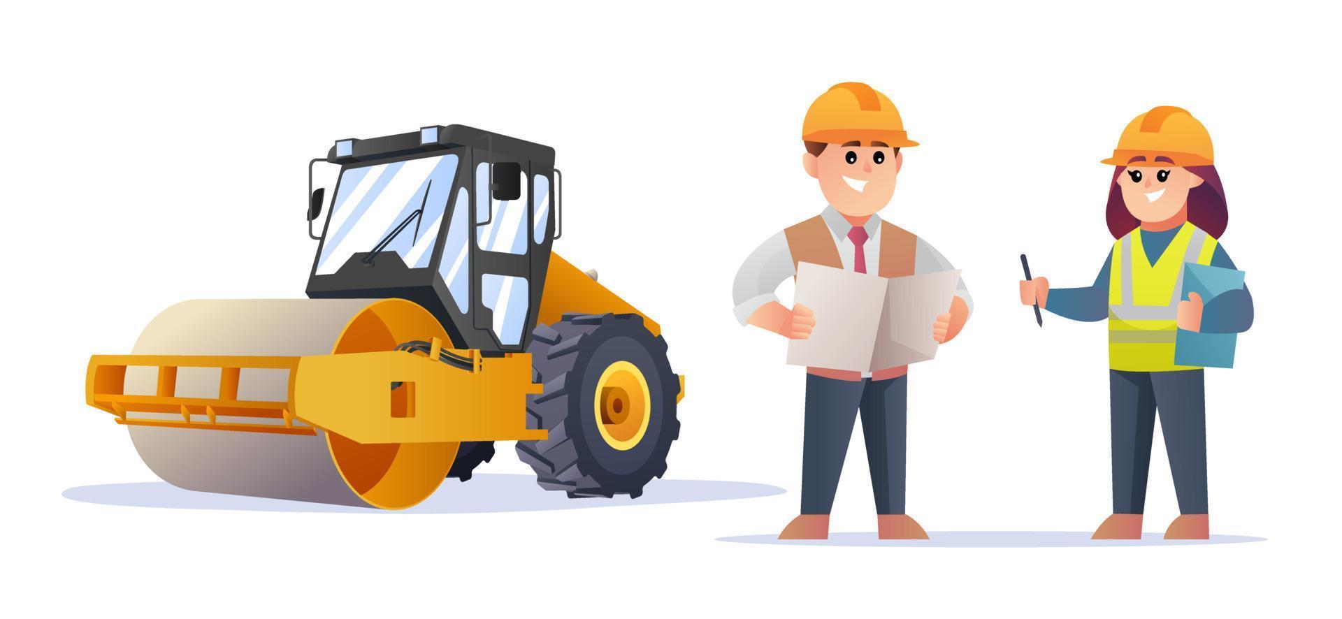 Cute construction foreman and female engineer characters with steamroller compactor illustration vector