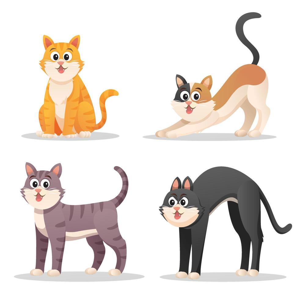 conjunto de gatos lindos en varias poses ilustración de dibujos animados vector