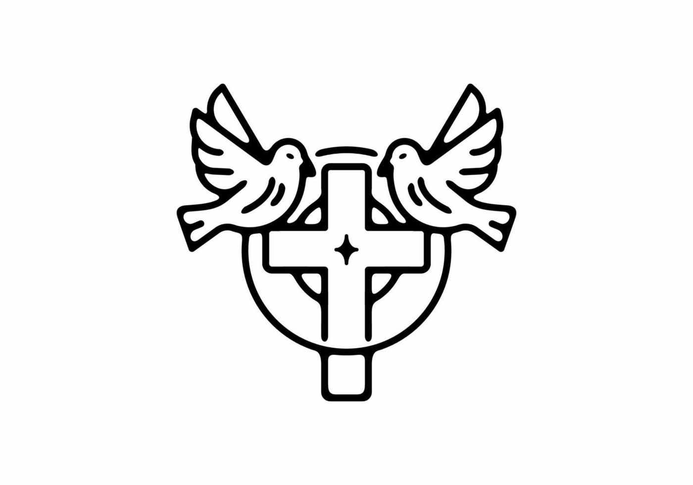 cruz y pájaro arte lineal tatuaje en blanco y negro vector