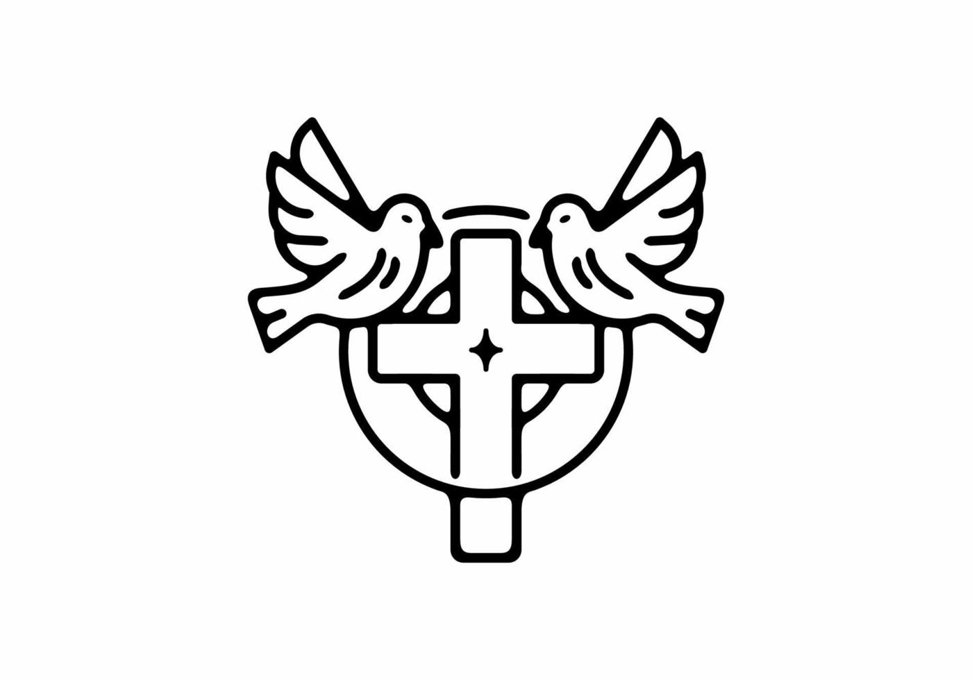 Cross and bird line art black and white tattoo vector