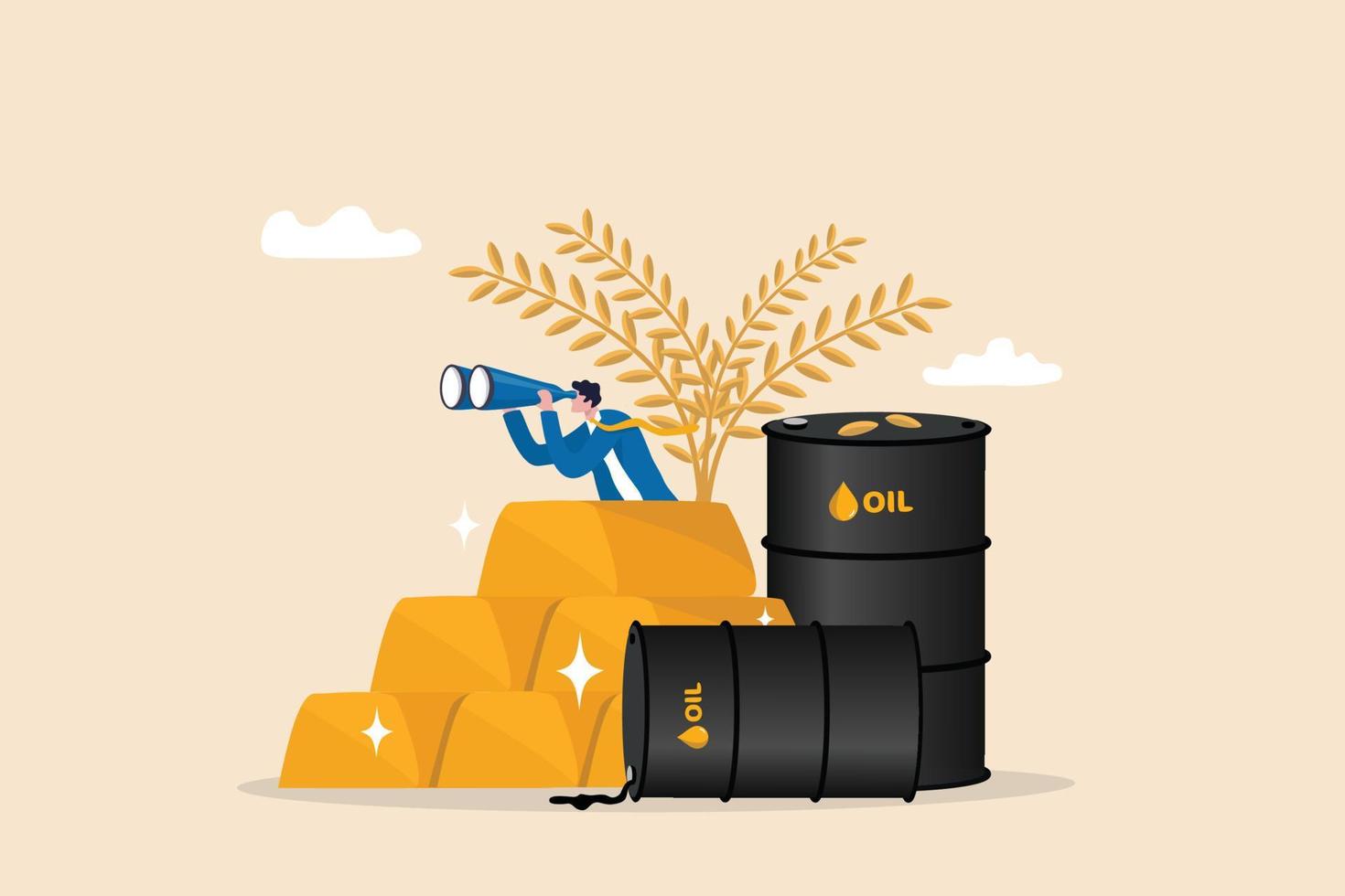 Commodities price for trading and investment, agriculture rice, crude oil and precious gold vision, forecast in world economy concept, businessman trader look through binocular from commodity assets. vector