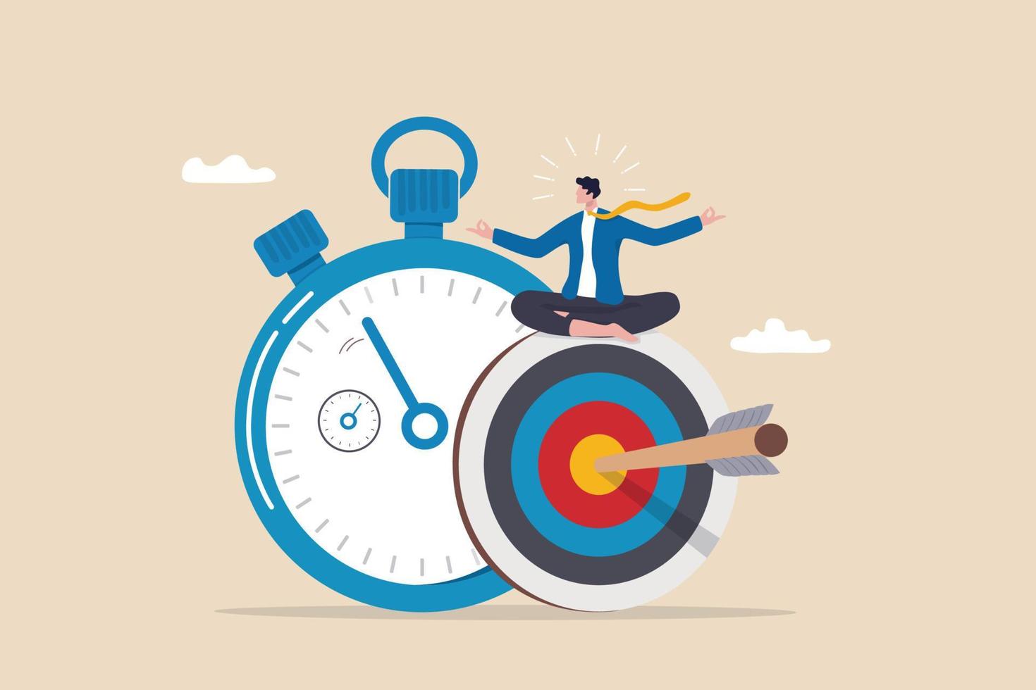 Self discipline, professional to finish work or achieve goal before deadline, time management, productivity to reach target in timely manner concept, calm businessman meditate on target and stopwatch. vector