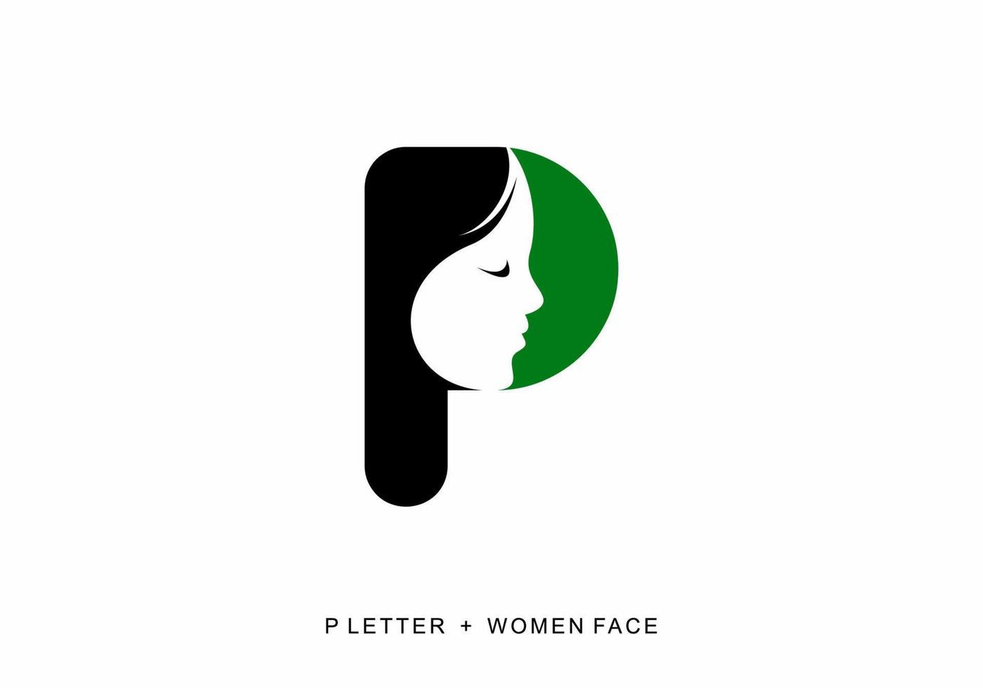 Black and green color of P initial letter with women face shape vector