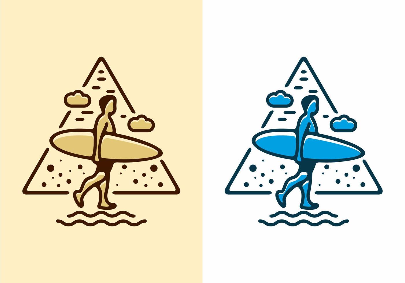Colorful flat line art illustration of surfer vector