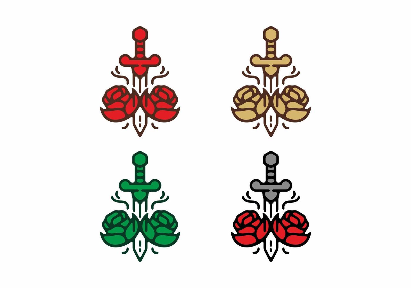 Colorful sword and rose tattoo illustration set vector