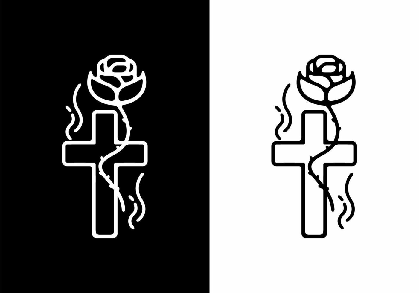 Cross with rose black and white line art vector