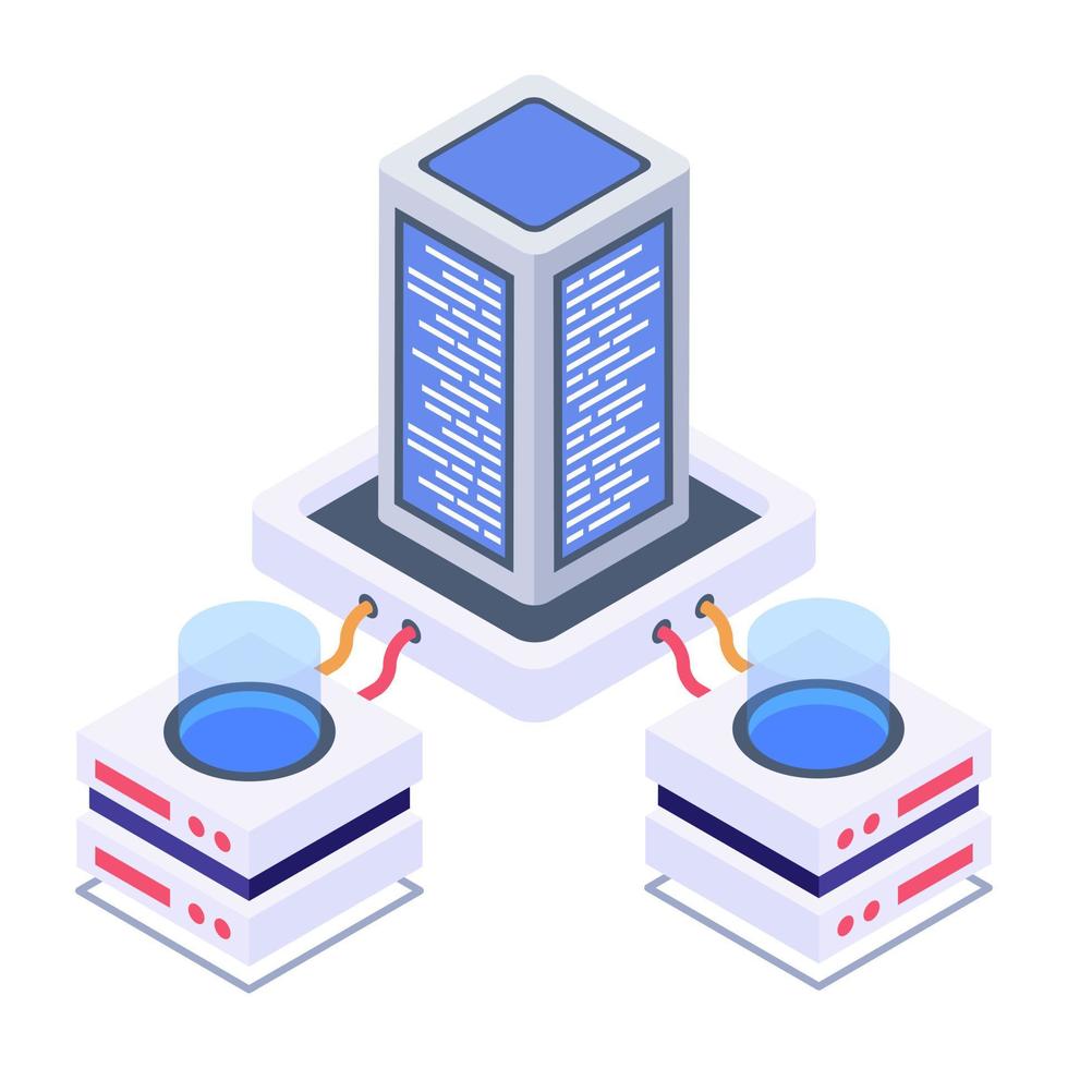 Bitcoin with servers denoting isometric style icon of crypto technology vector