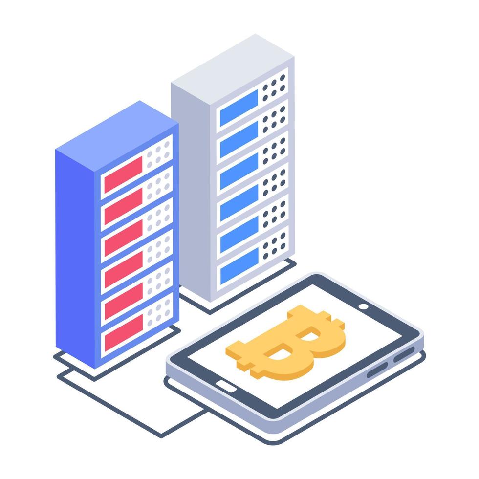 Bitcoin with servers denoting isometric style icon of crypto technology vector