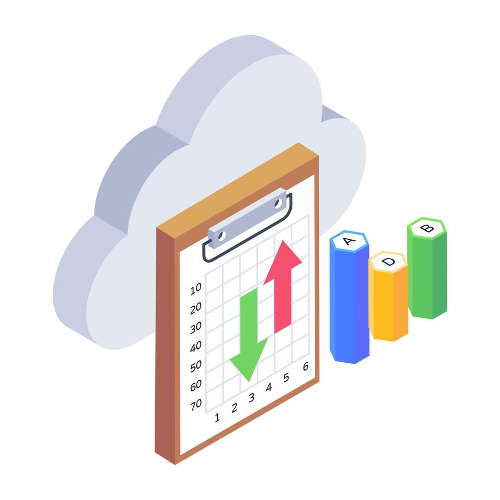 gráfico y gráfico que denota un icono isométrico de análisis en la nube vector