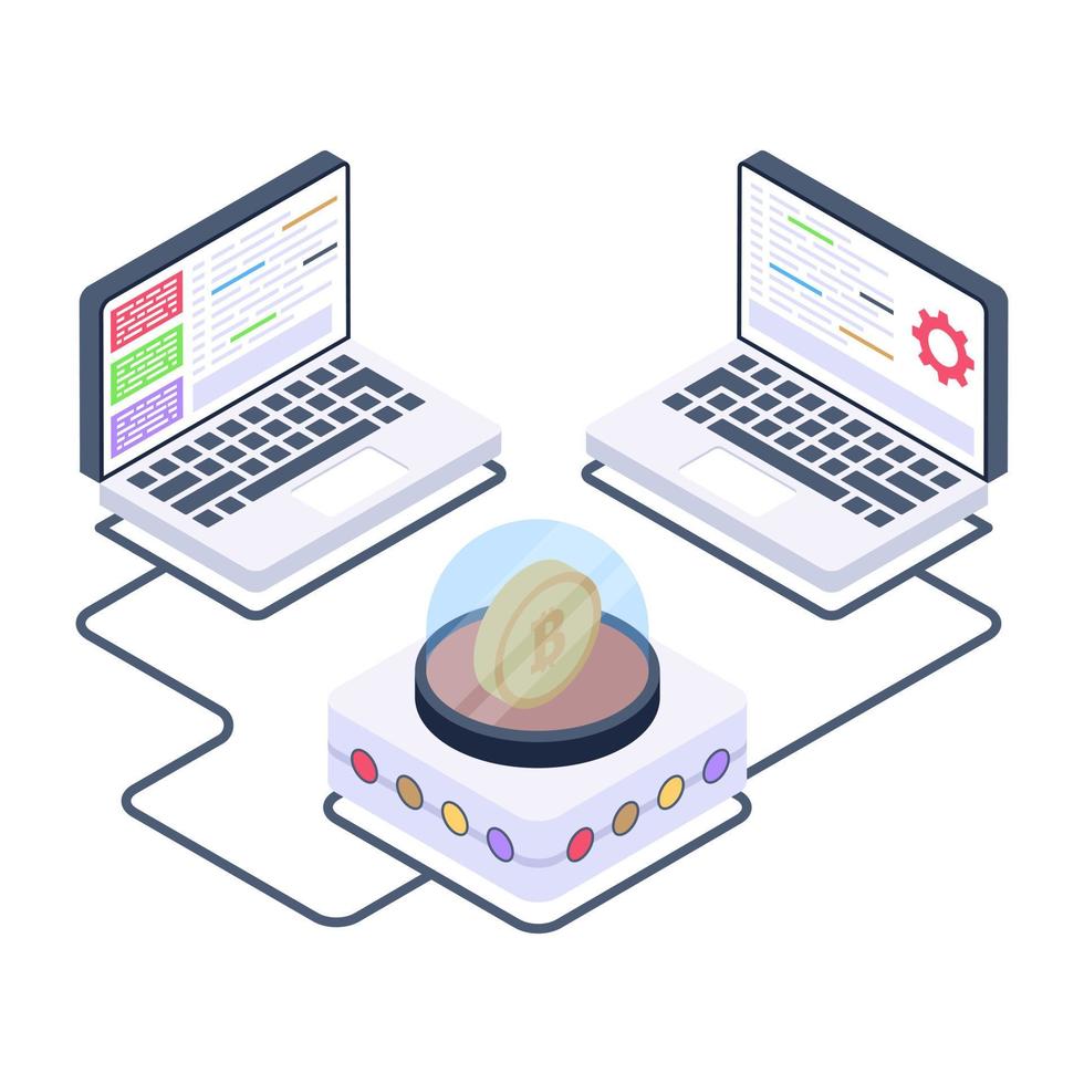 Bitcoin with servers denoting isometric style icon of crypto technology vector