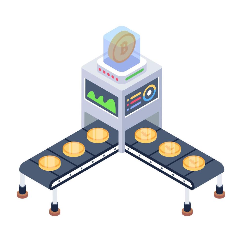 Bitcoin with servers denoting isometric style icon of crypto technology vector