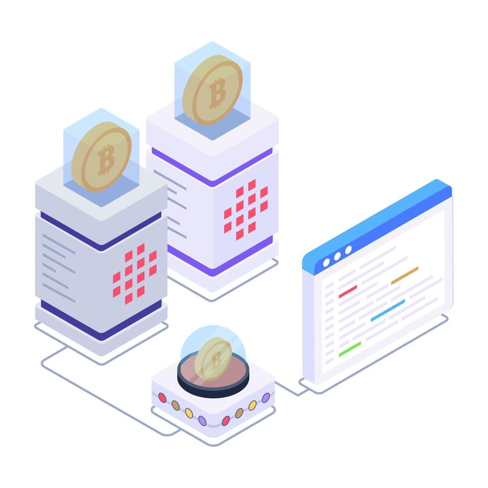 Bitcoin with servers denoting isometric style icon of crypto technology vector