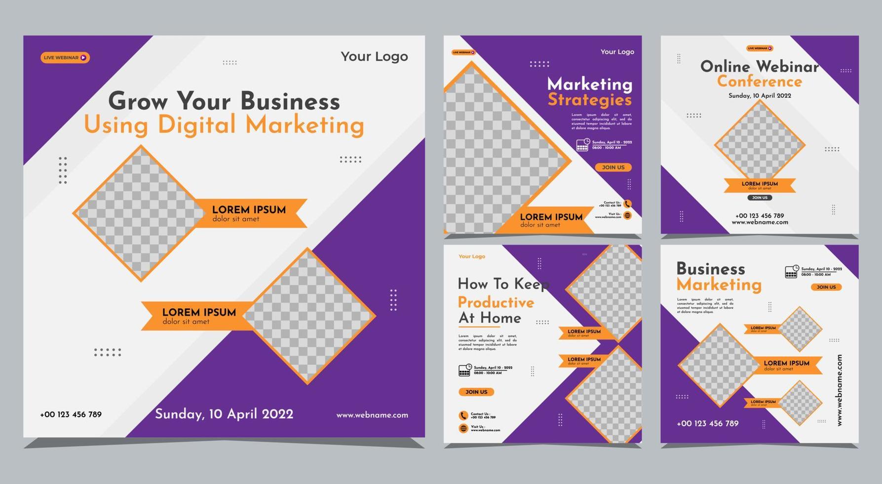 Collection of social media post banner templates. Perfect for business webinars, marketing webinars, online class programs, etc. vector