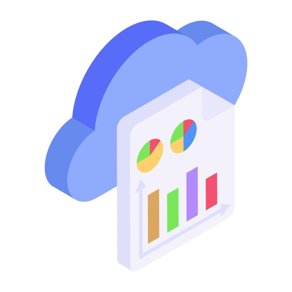 gráfico y gráfico que denota un icono isométrico de análisis en la nube vector